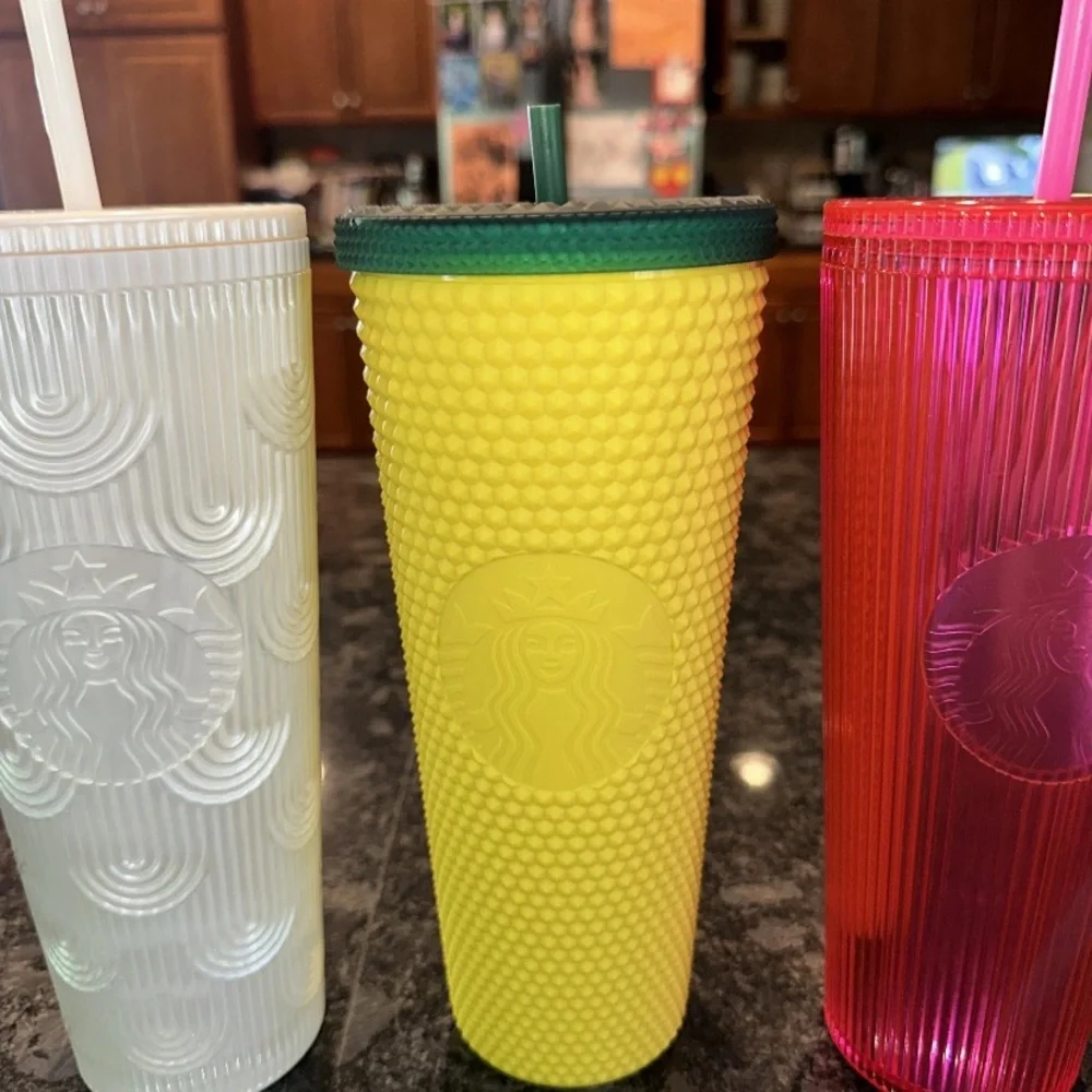 Lot of 3 Starbucks Venti Cold Cup Tumblers Plastic Hawaii Pineapple Pink Pearl